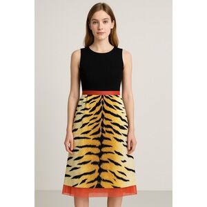 Etcetera Dress Black Bodice Tiger Print Skirt Coral Trim Women 8 SilkWool Career